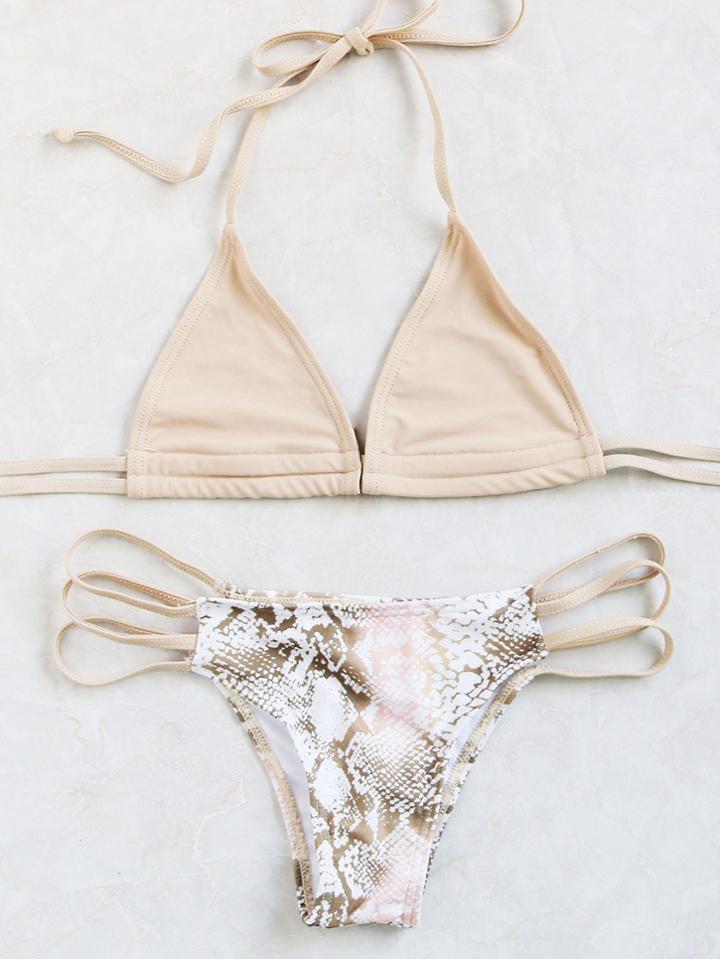 Romwe Snake Print Halter Strappy Bikini Set