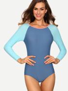 Romwe Contrast Raglan Sleeve One-piece Swimwear - Blue