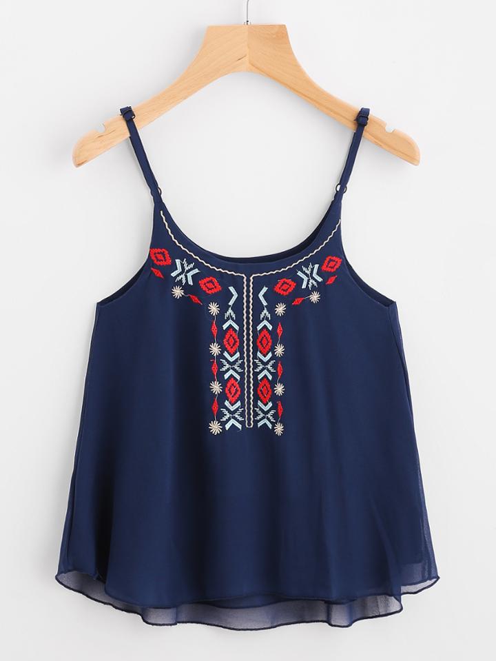 Romwe Embroidery High Low Chiffon Cami Top
