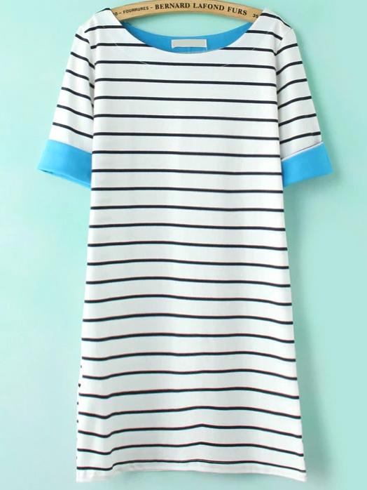 Romwe Blue Contrast Cuffed Stripe T-shirt Dress