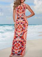 Romwe Geometric Print Beach Orange Dress