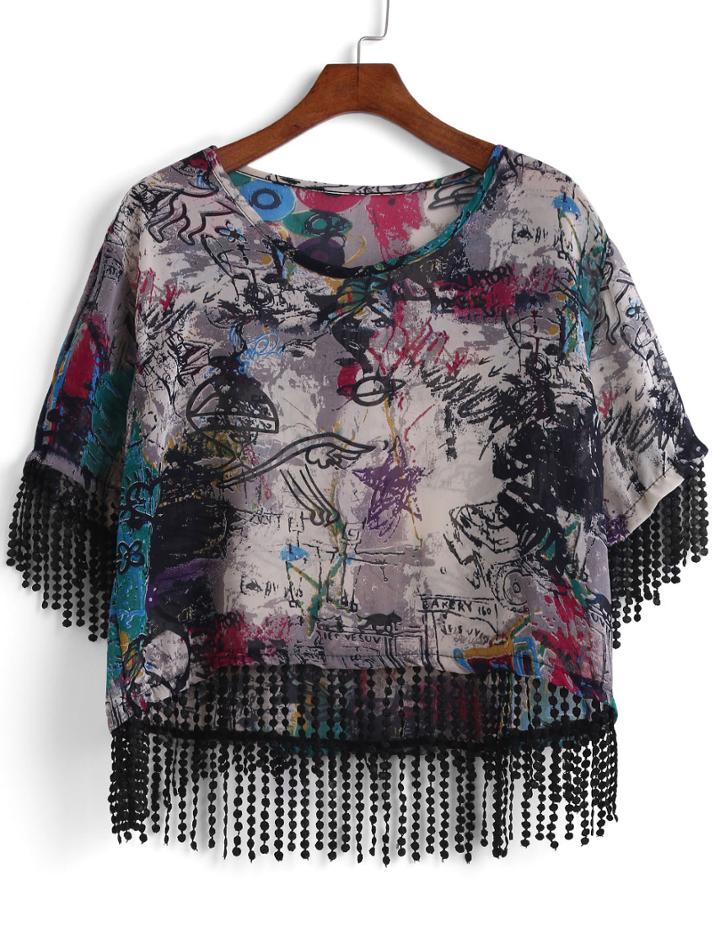 Romwe With Tassel Graffiti Print Top