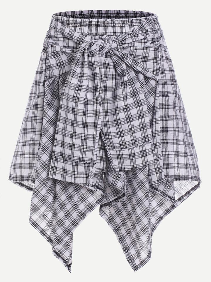 Romwe Gingham Print Asymmetric Hem Sleeve Tie Skirt