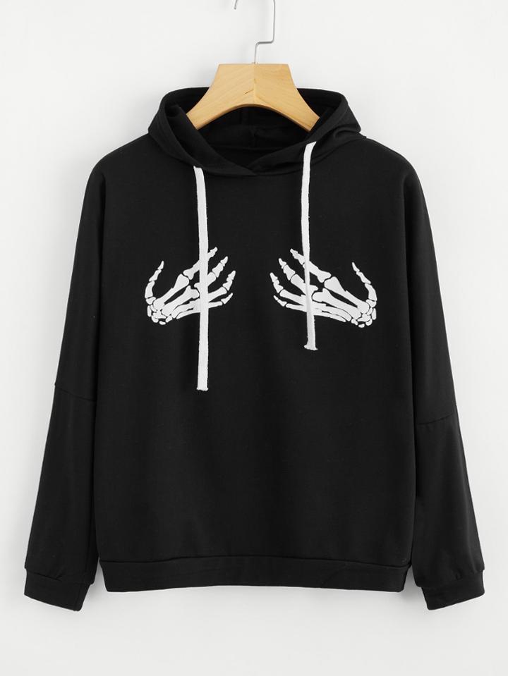 Romwe Skeleton Hands Print Hoodie