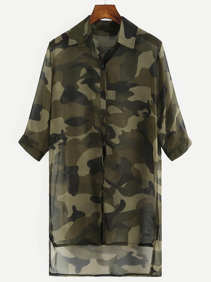 Romwe Olive Green Camo Print High-low Chiffon Blouse