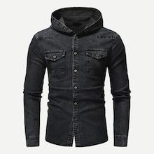 Romwe Guys Dual Pocket Hooded Denim Shirt