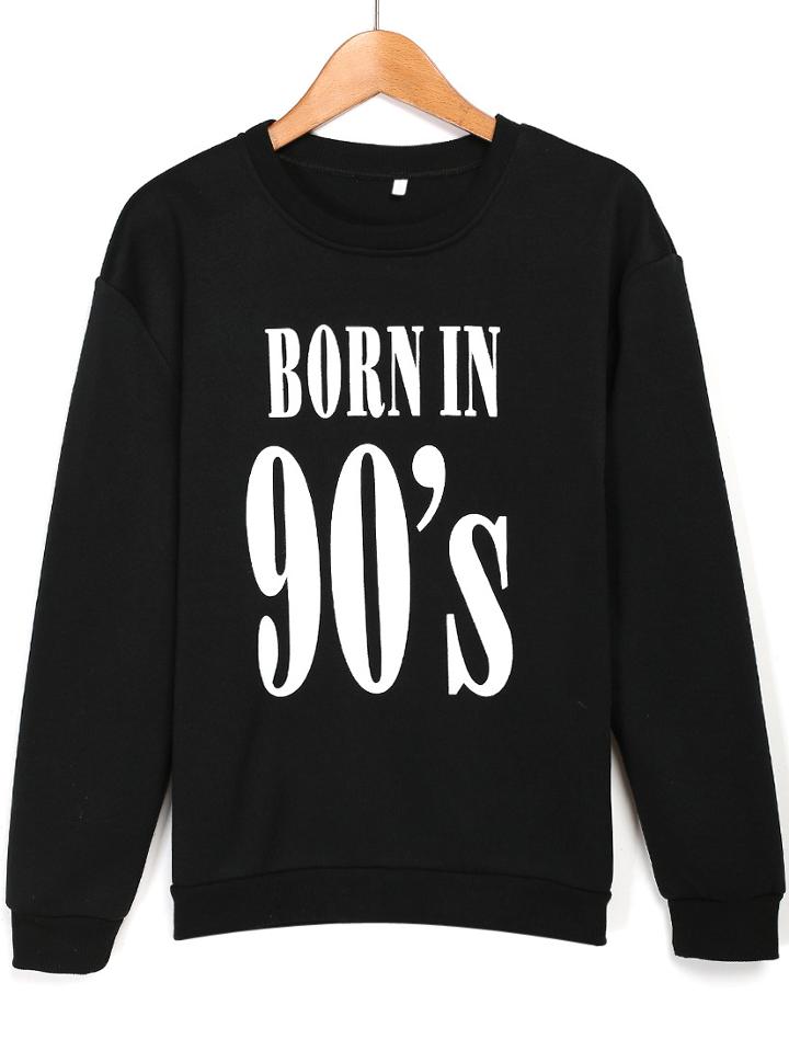 Romwe Black Born In 90's Print Sweatshirt