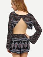 Romwe Slit Back Tribal Print Crop Top With Shorts