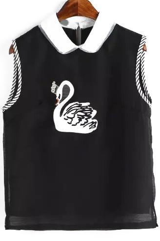 Romwe Lapel Swan Embroidered Black Top