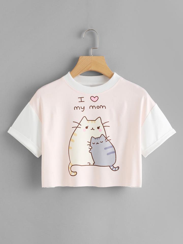 Romwe Cat Print Cuffed Crop Tee