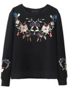 Romwe Black Floral Embroidery Ribbed Trim Sweatshirt