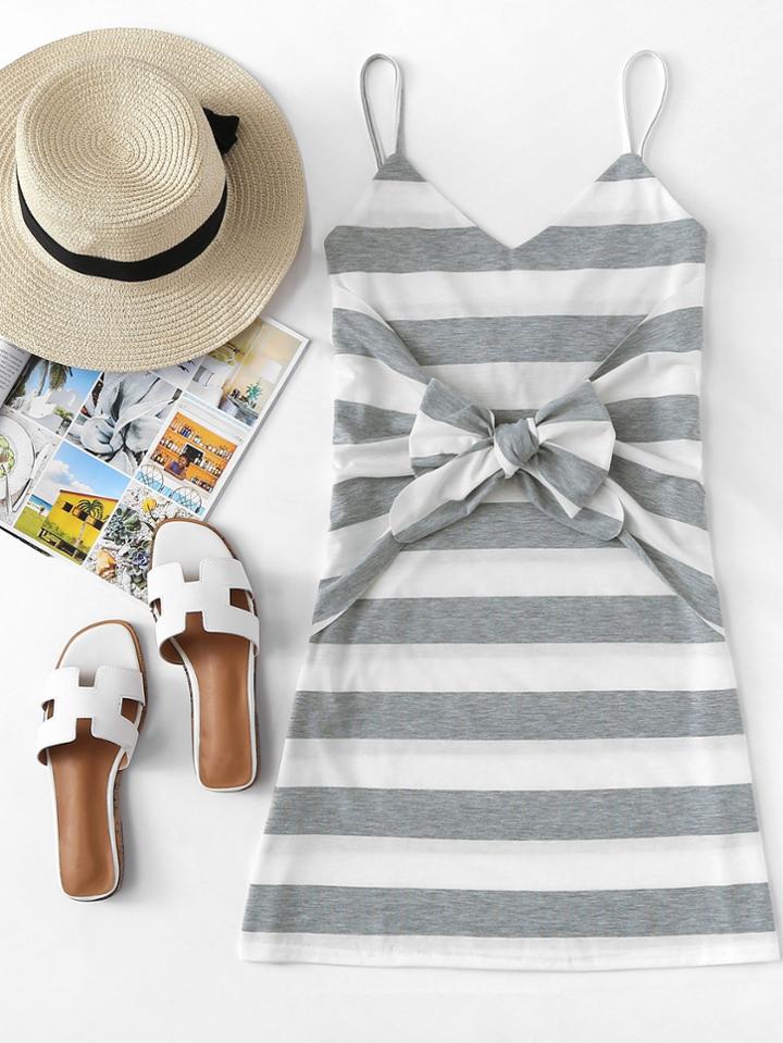 Romwe Knot Detail Striped Cami Dress