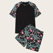 Romwe Guys Raglan Sleeve Flamingo & Tropical Print Top & Shorts Set
