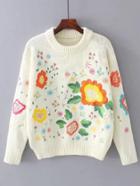 Romwe Flower Embroidery Ribbed Trim Sweater