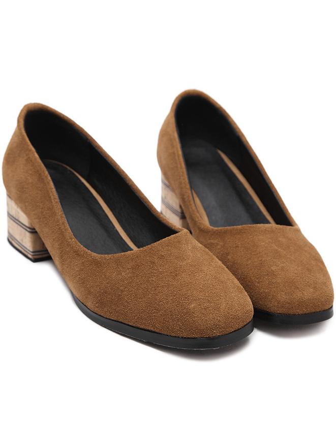Romwe Light Brown Chunky Heel Genuine Leather Pumps
