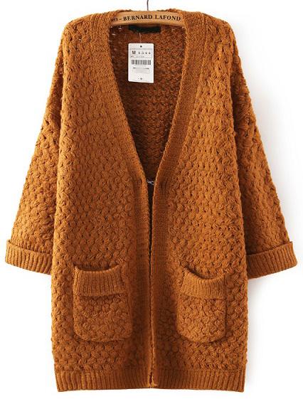 Romwe Yellow V Neck Pockets Knit Cardigan