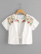 Romwe Flower Embroidery Lace Up Corset Tee