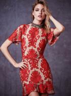 Romwe Lace Embroidery Red Dress