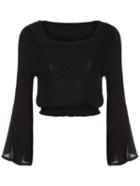 Romwe Bell Sleeve Crochet Black Shirt
