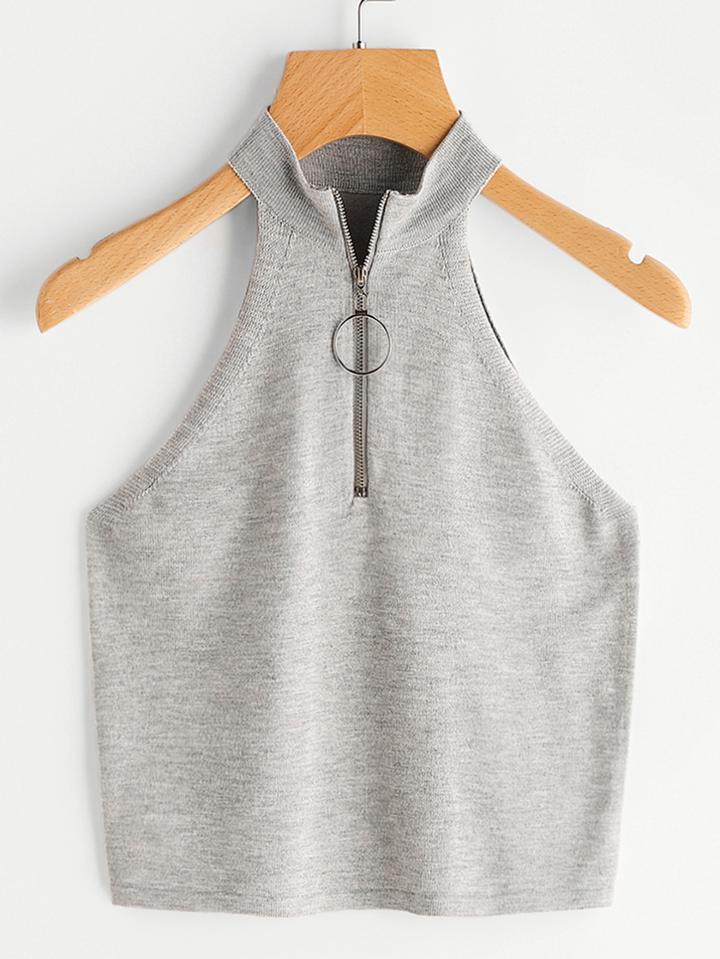 Romwe Knit Halter Top With Ring Accent Zipper