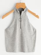 Romwe Knit Halter Top With Ring Accent Zipper