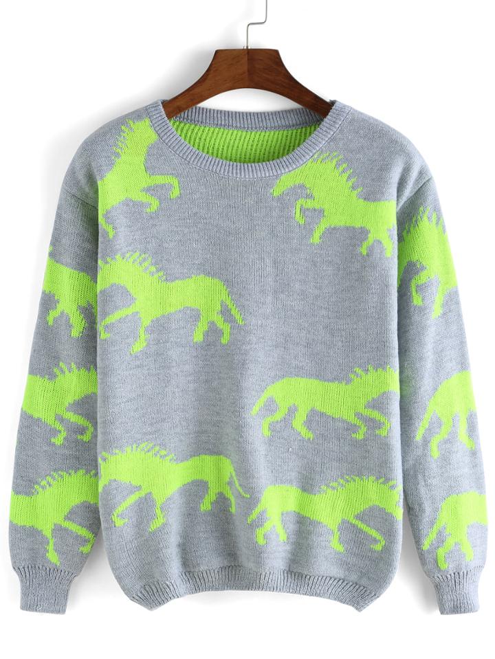 Romwe Round Neck Horse Pattern Sweater