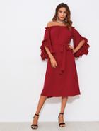 Romwe Frill Tulip Sleeve Self Tie Bardot Dress