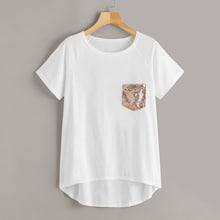 Romwe Contrast Sequin Pocket Dip Hem Tee