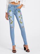 Romwe Floral Embroidered Ripped Fray Hem Jeans