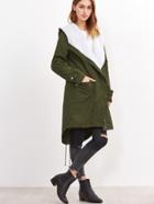 Romwe Olive Green Fleece Lined Hood High Low Utility Coat