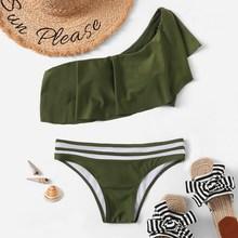 Romwe Flounce One Shoulder Top With Striped Trim Bikini