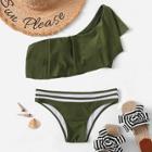 Romwe Flounce One Shoulder Top With Striped Trim Bikini