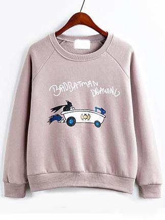 Romwe Raglan Sleeve Cat Print Pink Sweatshirt