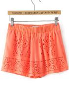 Romwe Elastic Waist Hollow Chiffon Orange Shorts