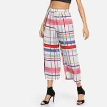 Romwe Elastic Waist Colorblock Plaid Pants