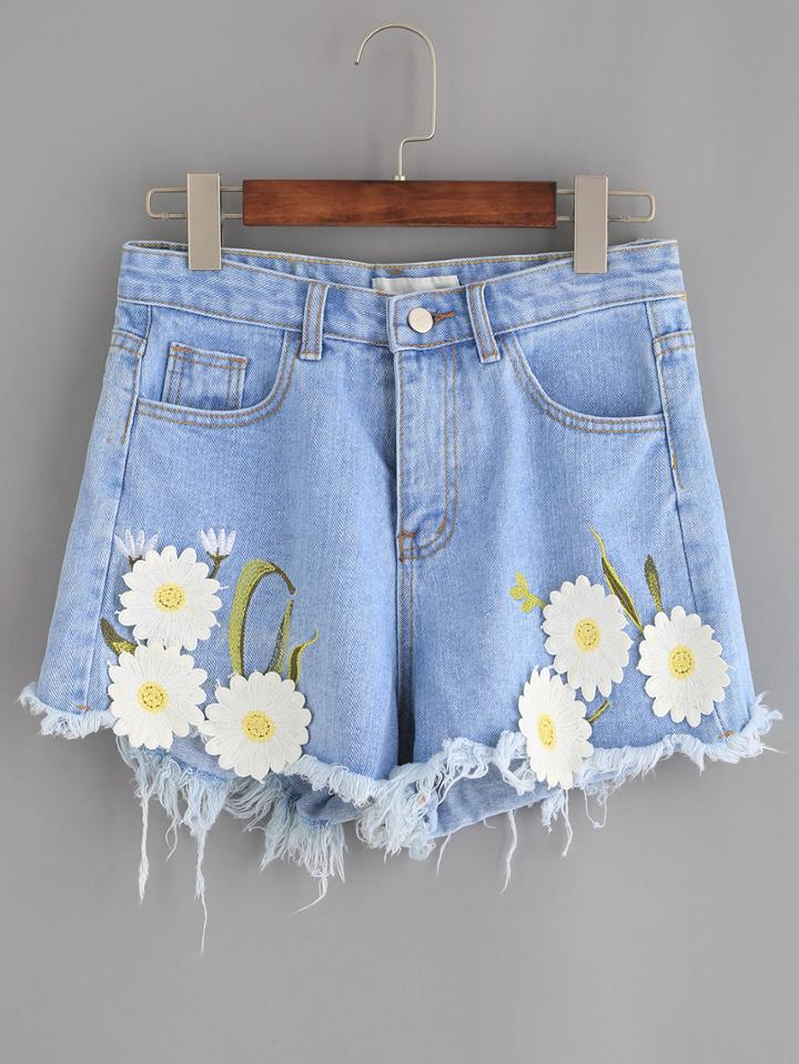 Romwe Blue Daisy Embroidered Raw Hem Denim Shorts