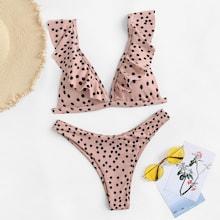 Romwe Dot Ruffle Plunge Neck Bikini Set