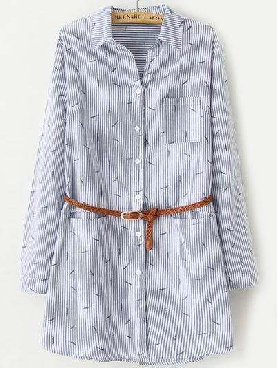 Romwe Pinstriped Leaves Print Blue Blouse With Belt