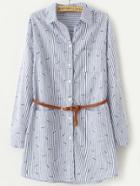 Romwe Pinstriped Leaves Print Blue Blouse With Belt