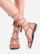 Romwe Brown Fringe Open Toe Lace Up Sandals