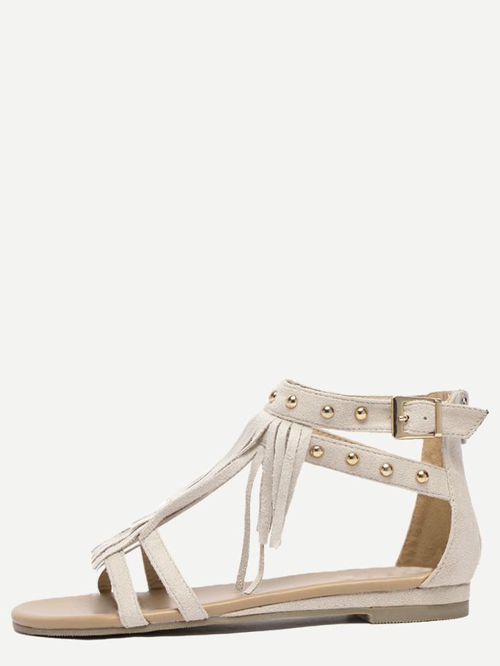 Romwe Grey Peep Toe Fringe Buckle Sandals
