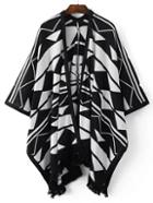 Romwe Black And White Geometric Print Fringe Hem Poncho Cardigan