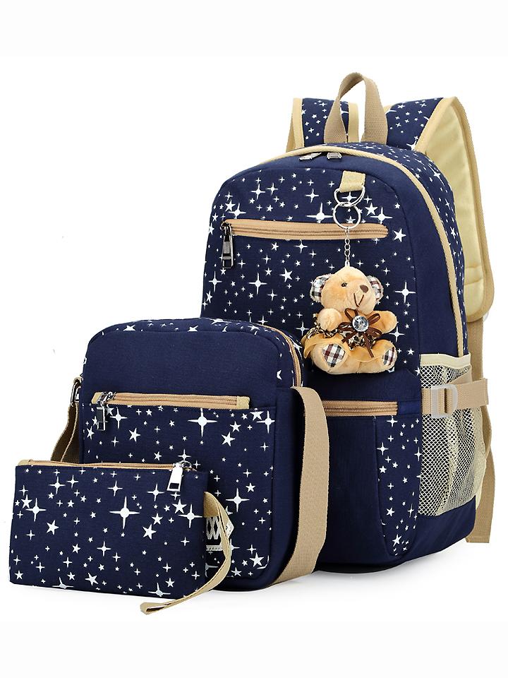 Romwe Star Print 3pcs Canvas Backpack Set - Blue