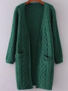 Romwe Dark Green Collarless Cable Knit Pocket Sweater Coat