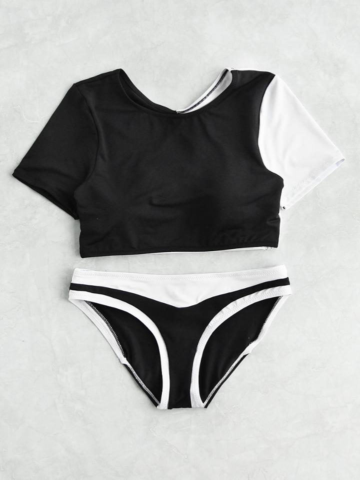 Romwe Two Tone Short Sleeve 2pcs Swimsuit