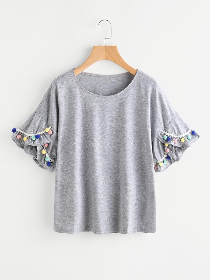 Romwe Ruffle Sleeve Pompom Trim Slub Tee