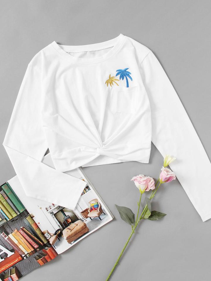 Romwe Coconut Trees Embroidered Twist Front Tee