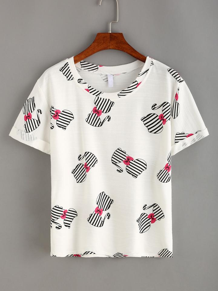Romwe Cat Outline Print T-shirt