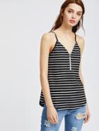 Romwe Black White Striped Zip Front Cami Top