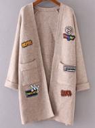 Romwe Khaki Raglan Sleeve Patch Long Cardigan With Pockets